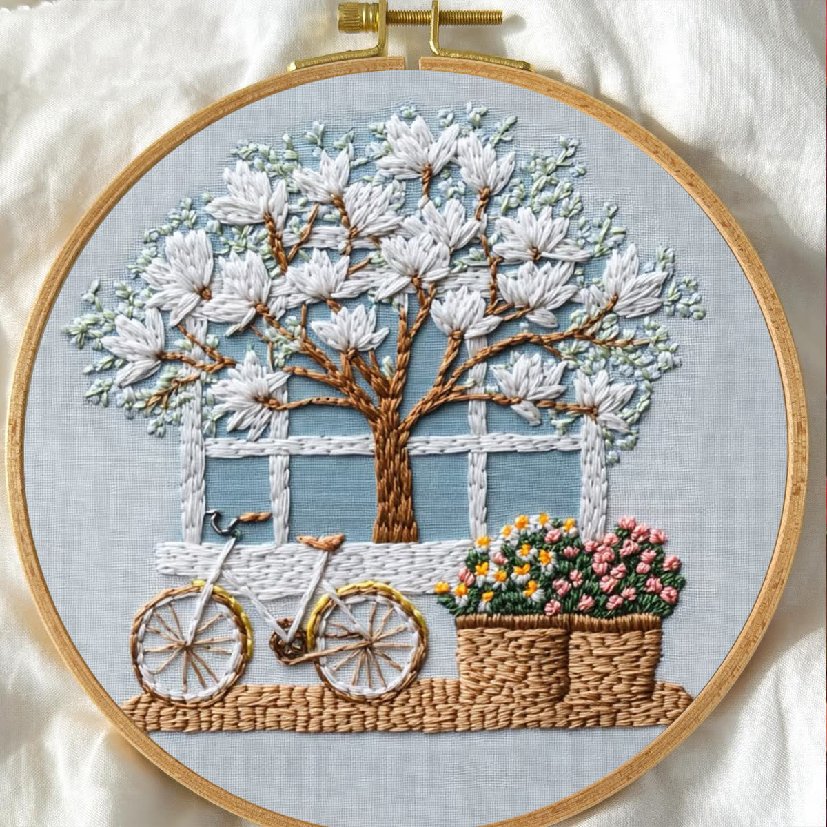 Rubbyoo Embroidery Kit - Bicycle With Beautiful Flowers | Diy Stitching Craft Kits