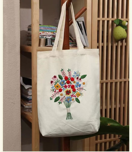 Embroidery Beige And White Canvas Tote Bag  Kits | Colorful Flower Needlepoint  Crafts  | Eco-friendly Shopping  Bag For Life