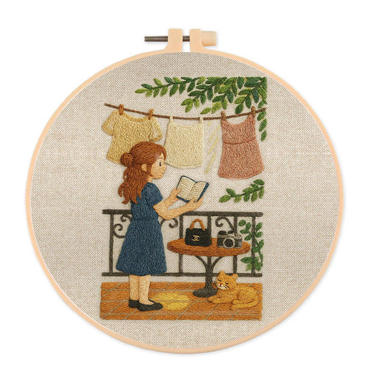 Rubbyoo Embroidery Kit - Reading Girl And Cat | Diy Craft Gifts