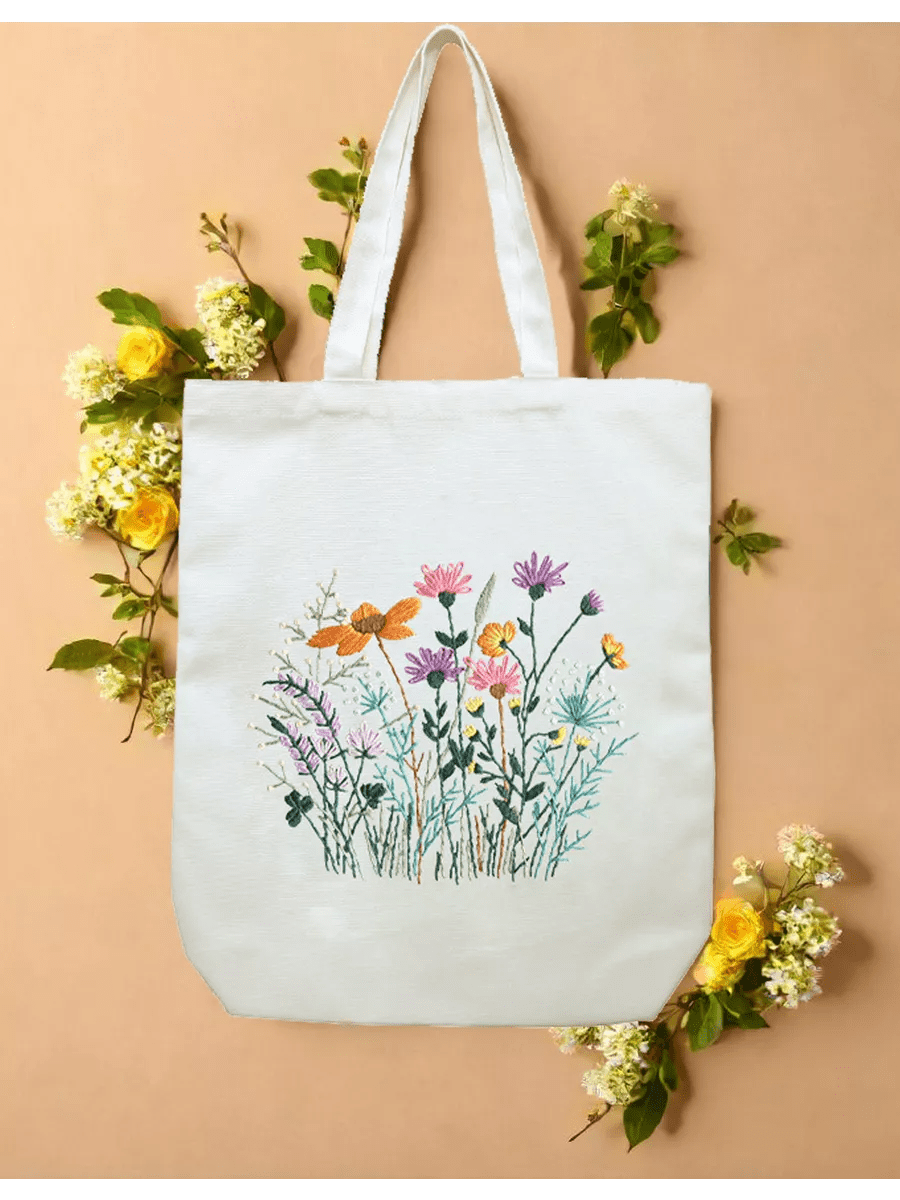 Embroidery Beige And White Canvas Tote Bag Kits | Beginner Flower Crafts | Eco-friendly Shoulder Bag | Christmas Gift