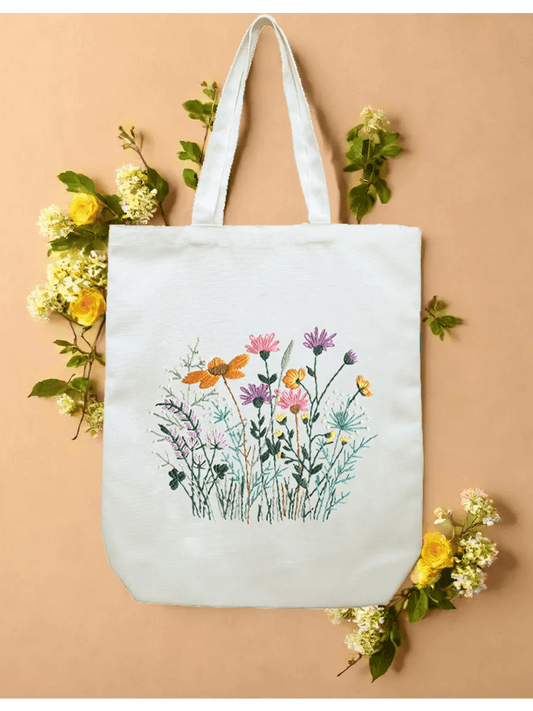 Embroidery Beige And White Canvas Tote Bag Kits | Beginner Flower Crafts | Eco-friendly Shoulder Bag | Christmas Gift
