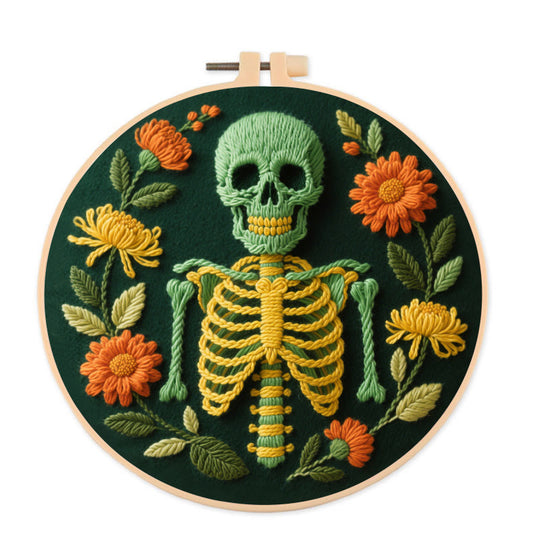 Rubbyoo Embroidery Kit - Skeleton With Flowers | Beginners Handmade Crafts