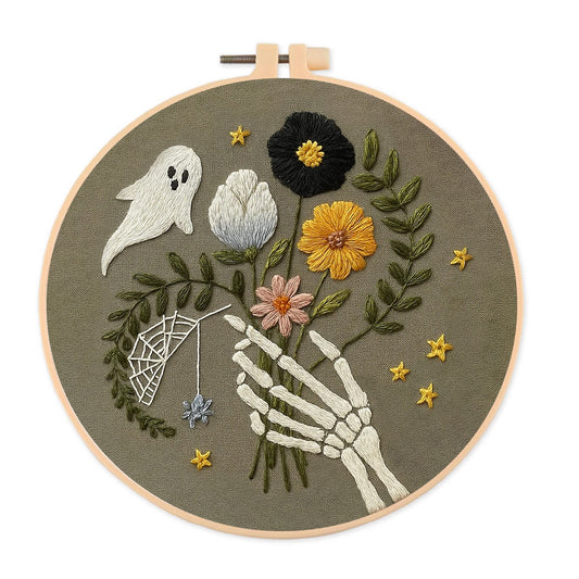 Rubbyoo Embroidery Kit - Skull Bouquet | Halloween Skeletons Handicraft