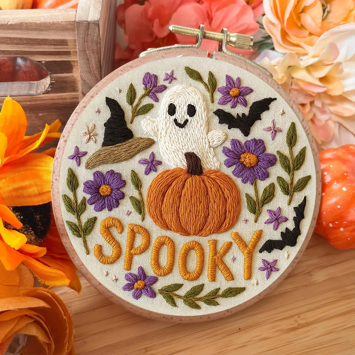 Rubbyoo Embroidery Kit - Spooky Pumpkin |  Halloween Vibes Decor |  Perfect For Wall Hanging
