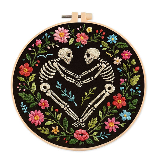 Rubbyoo Embroidery Kit - Romantic Love Skeleton | Halloween Floral Craft | Diy Needle Artwork