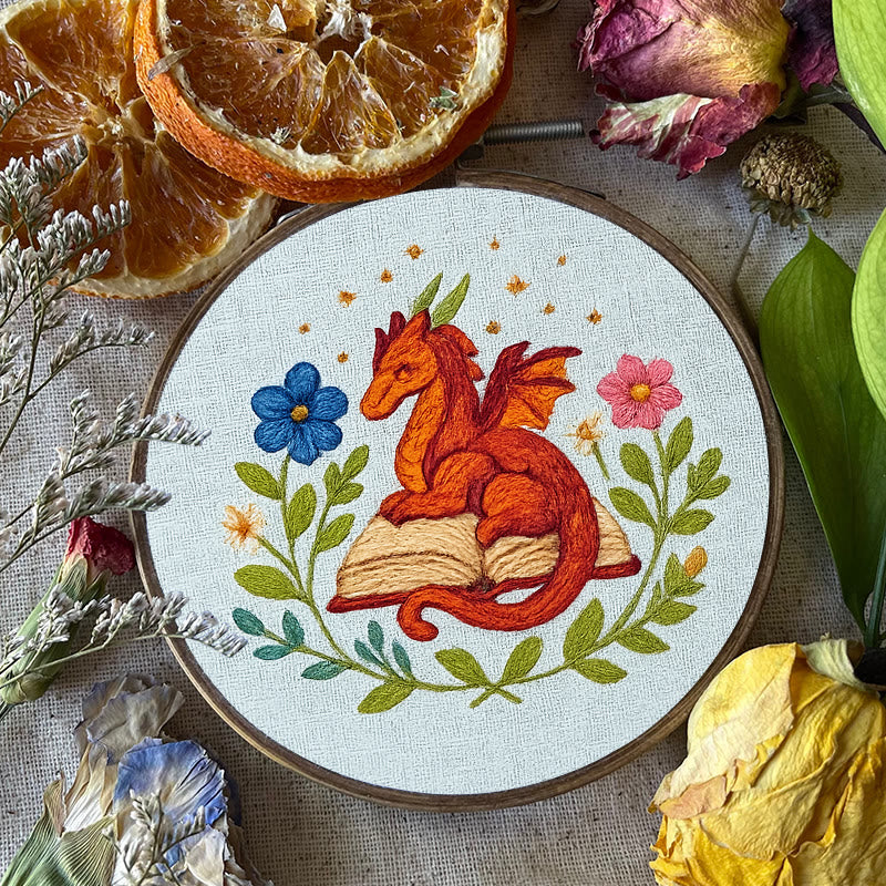 Rubbyoo Embroidery Kit - Red Dragon With Floral Books | Easy Fantasy Handicraft | Nice For Reading Lovers