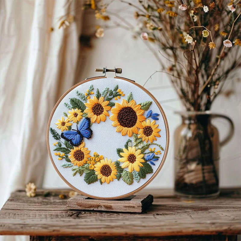 Rubbyoo Embroidery Kit - Sunflowers Wreath And Butterfly | Needlework Gifts