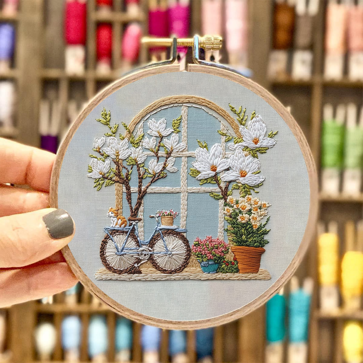 Rubbyoo Embroidery Kit -  Bicycle Parked By Window Full Of Flowers | Diy Craft Kits