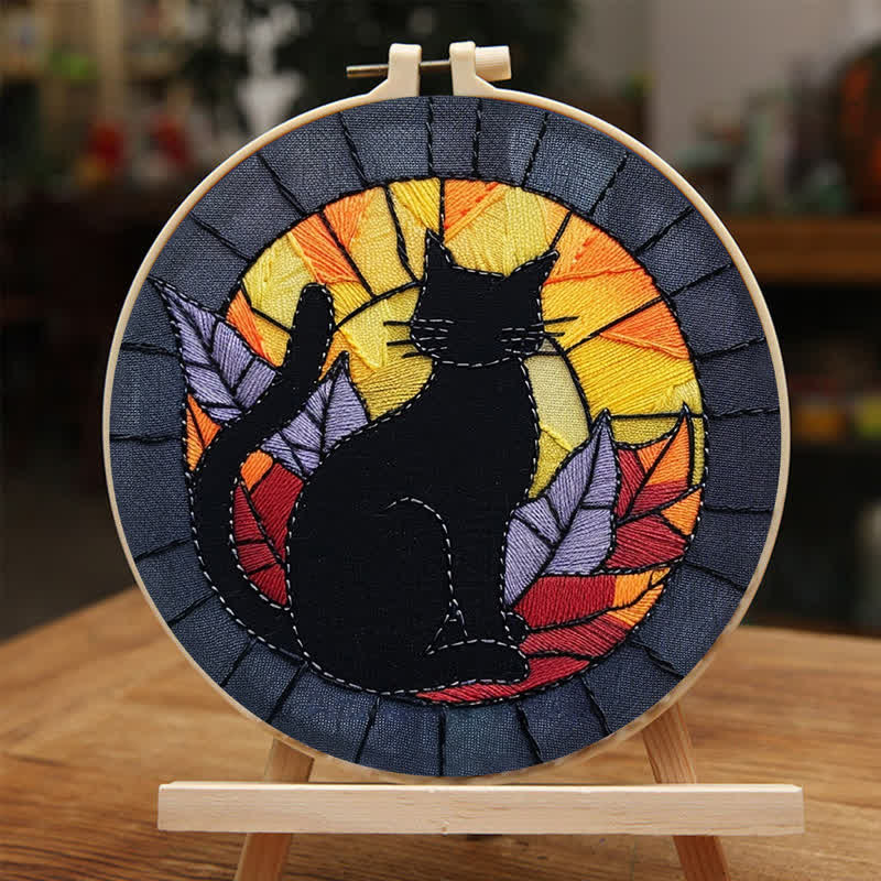 Rubbyoo Embroidery Kit - Halloween Black Cat Stained Glass