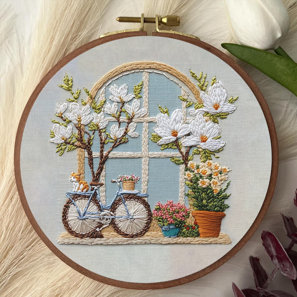 Rubbyoo Embroidery Kit -  Bicycle Parked By Window Full Of Flowers | Diy Craft Kits