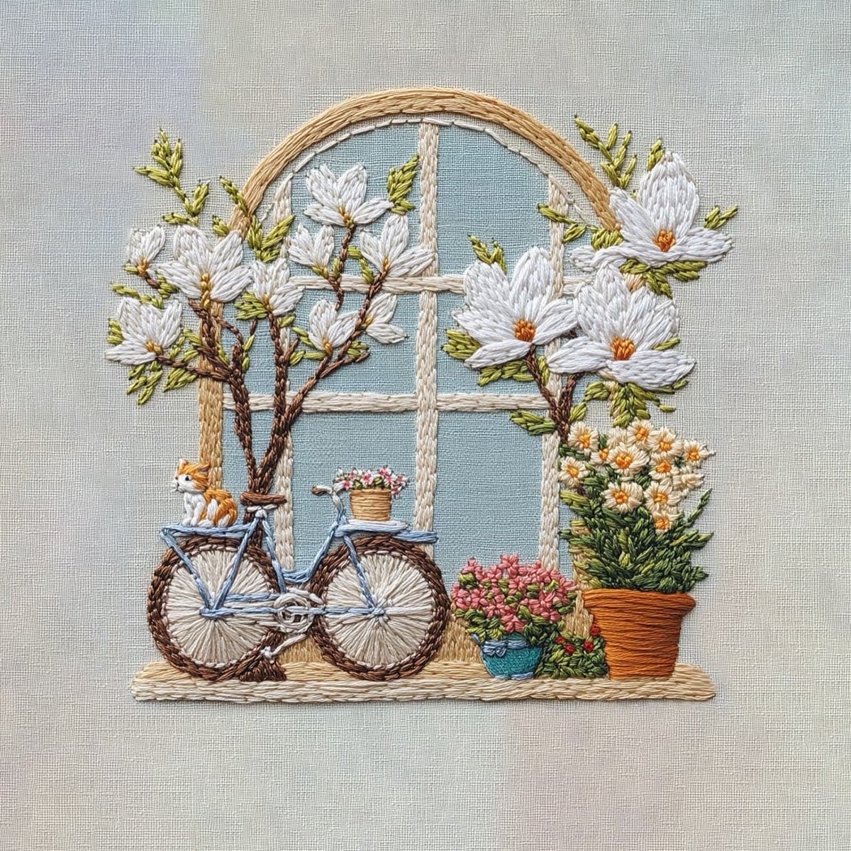 Rubbyoo Embroidery Kit -  Bicycle Parked By Window Full Of Flowers | Diy Craft Kits