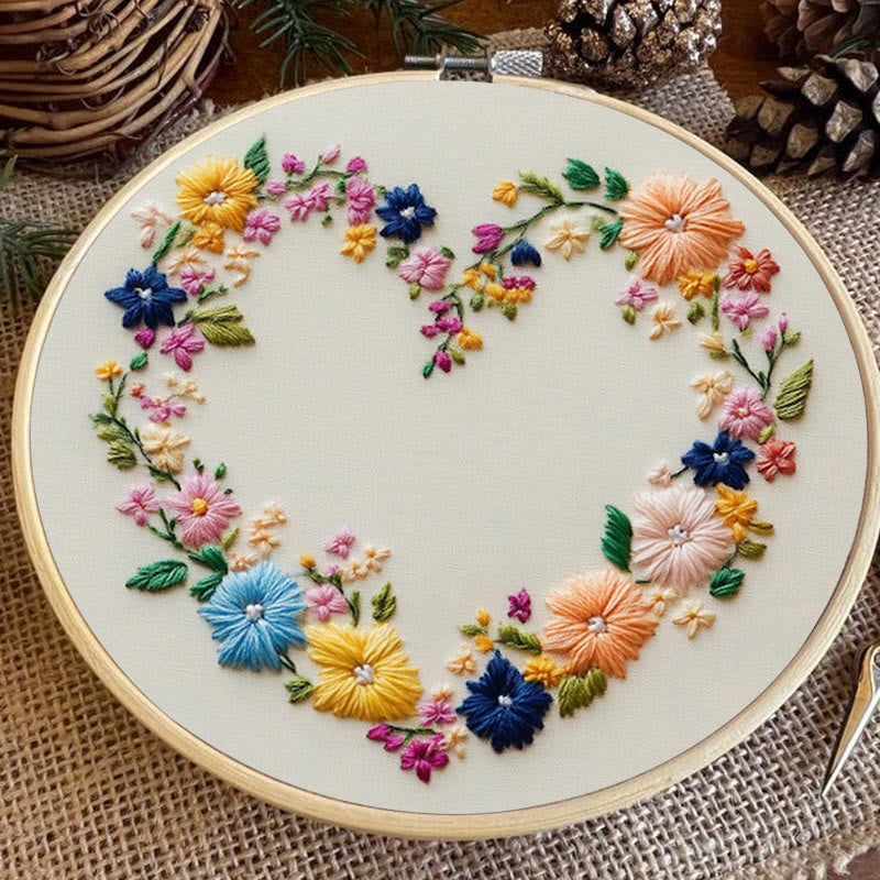 Rubbyoo Embroidery Kit - Vibrant Floral Wreath Heart | Beginner Friendly Craft