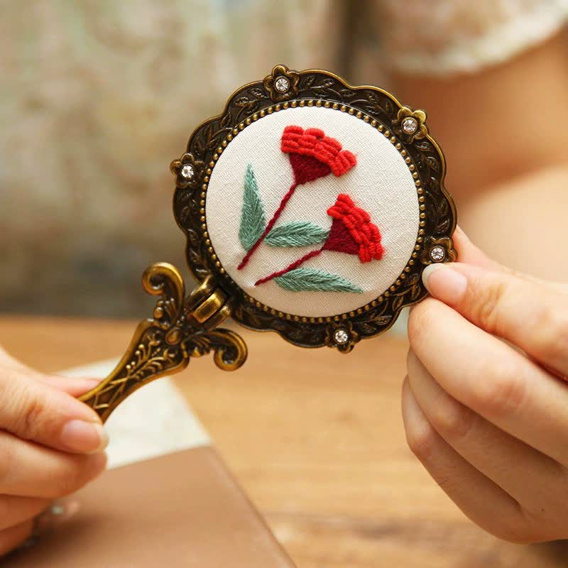 Needle kit Handheld Mirror | Floral Embroidered Compact Mirror | Great gift for your loved one
