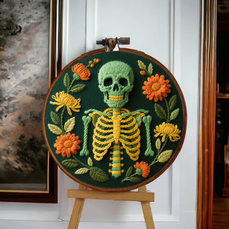 Rubbyoo Embroidery Kit - Skeleton With Flowers | Beginners Handmade Crafts