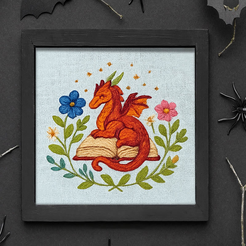 Rubbyoo Embroidery Kit - Red Dragon With Floral Books | Easy Fantasy Handicraft | Nice For Reading Lovers
