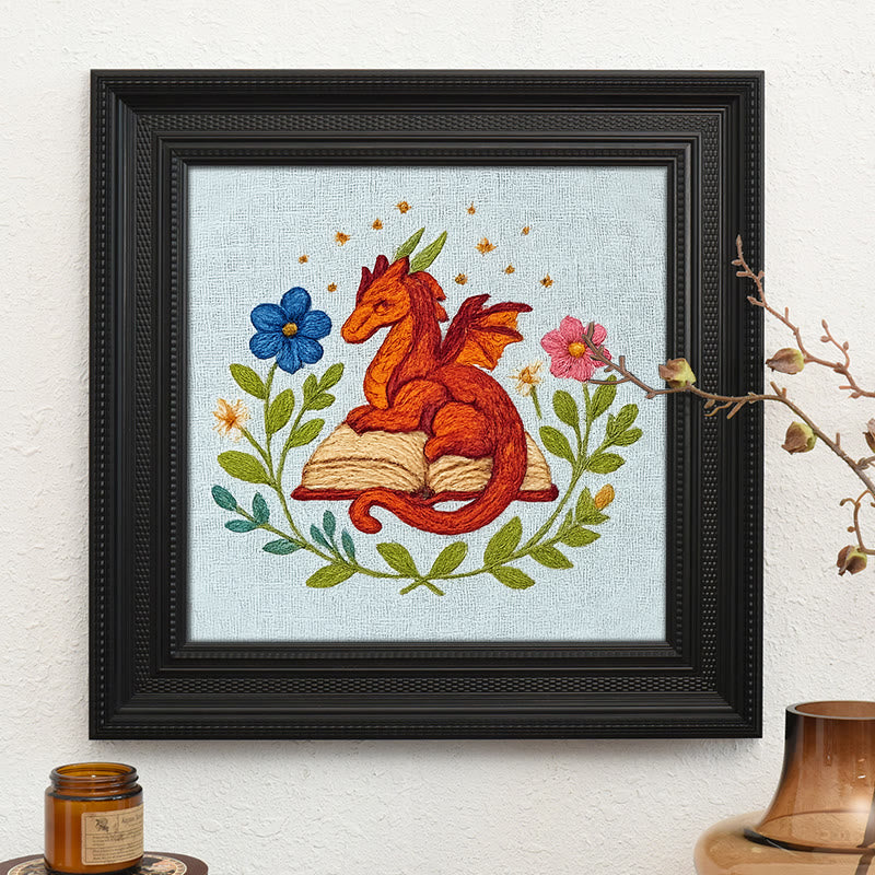 Rubbyoo Embroidery Kit - Red Dragon With Floral Books | Easy Fantasy Handicraft | Nice For Reading Lovers