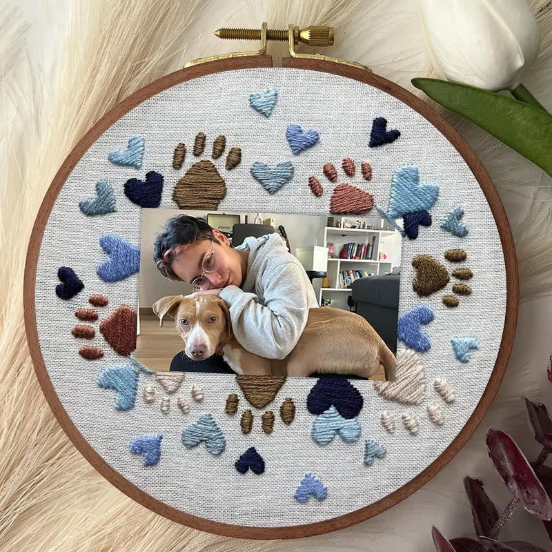 Rubbyoo Embroidery Photo Frame Kit - Adorable Paw Print | Memorable Handmade Craft | Diy Needle Artwork