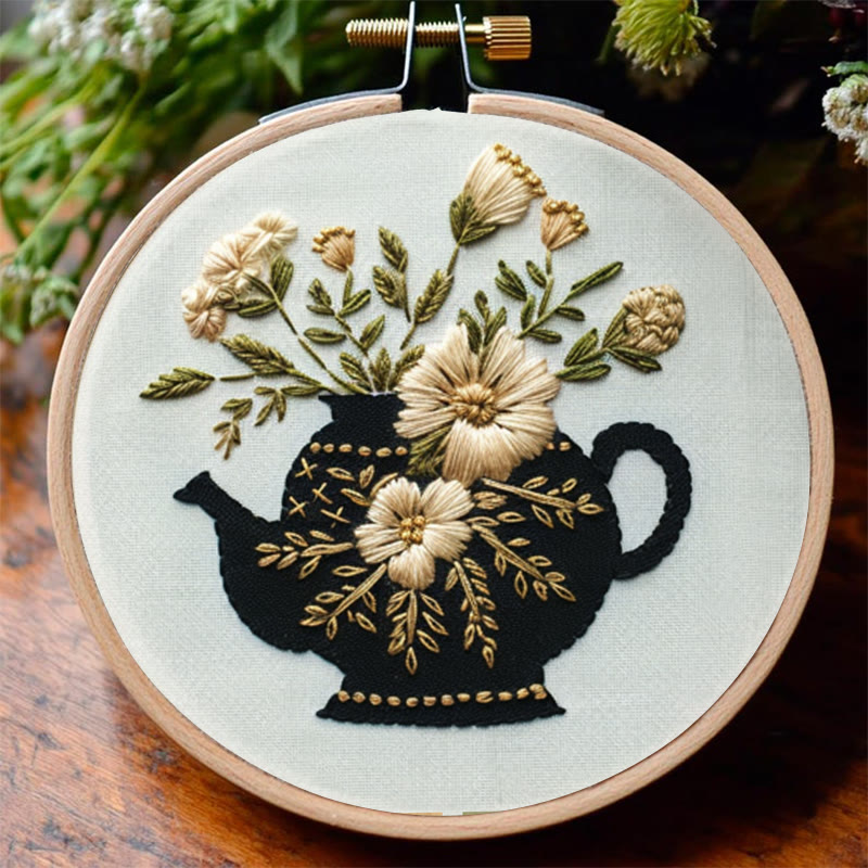 Rubbyoo Embroidery Kit - Black Teapot With Flowers | Diy Needlework Craft
