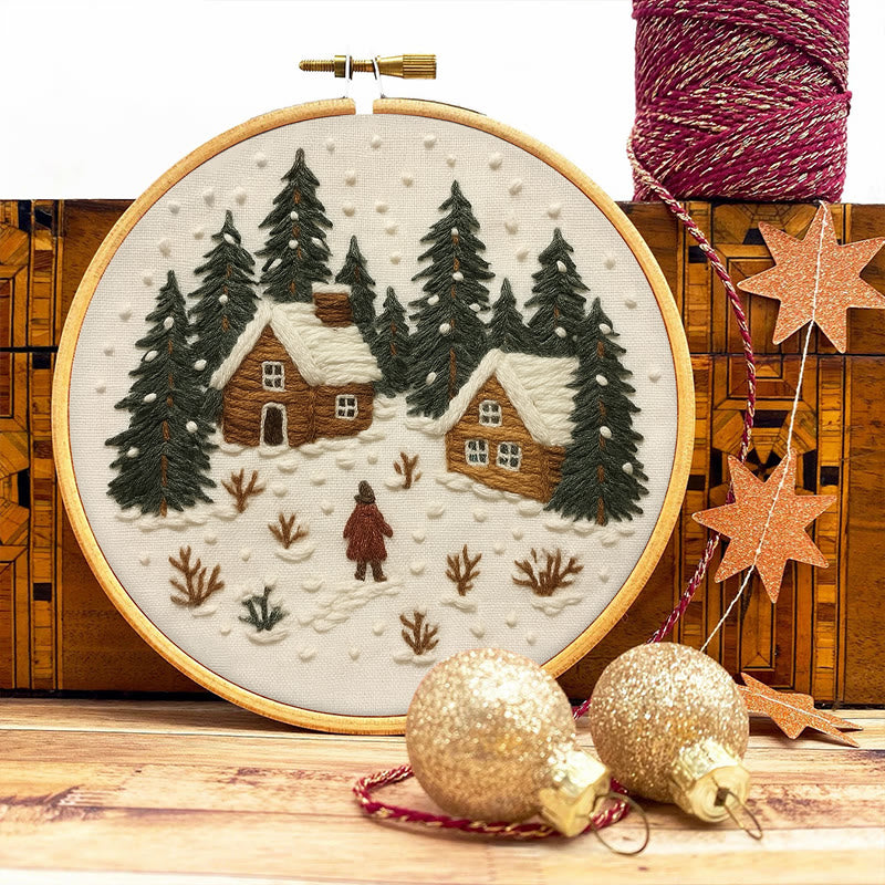 Rubbyoo Embroidery Kit - Snowy Town | Winter Landscape Craft | Christmas Handmade Decor