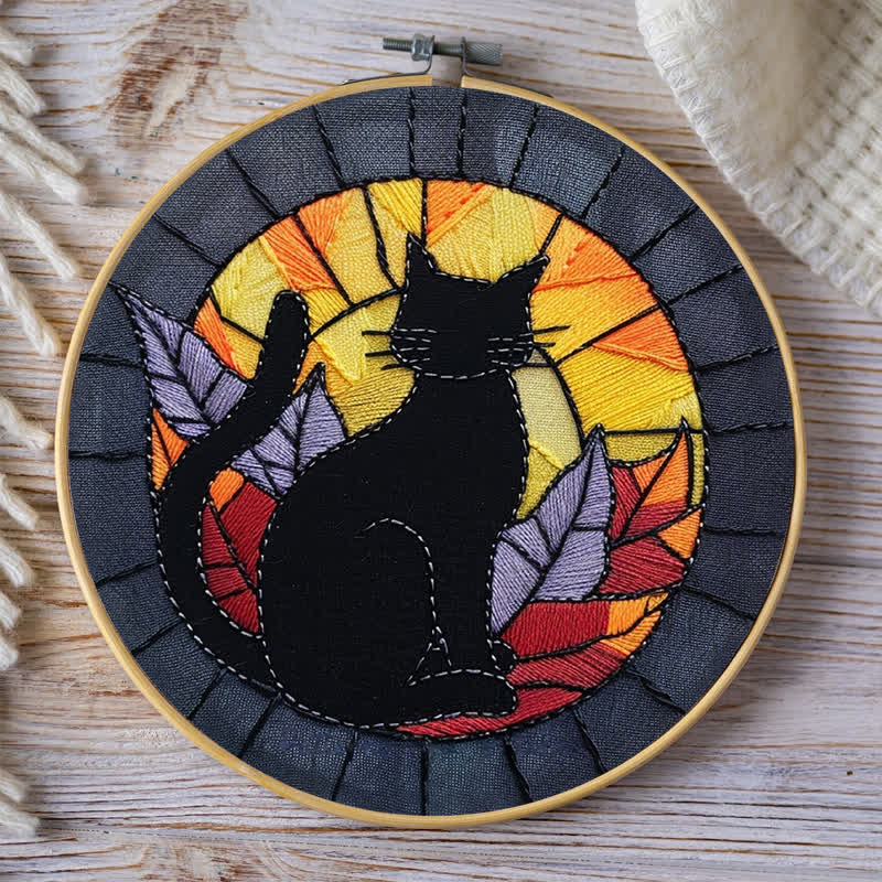 Rubbyoo Embroidery Kit - Halloween Black Cat Stained Glass
