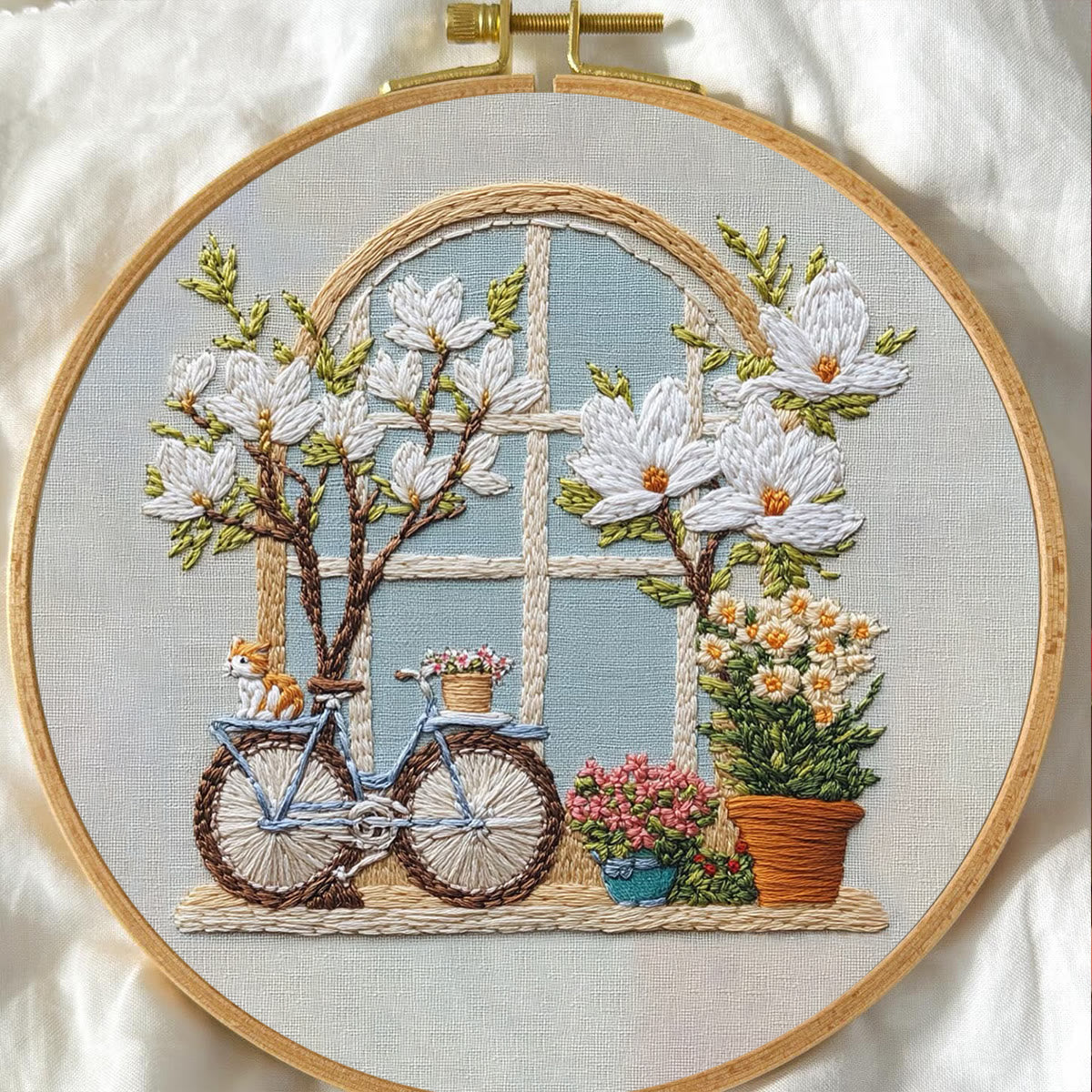 Rubbyoo Embroidery Kit -  Bicycle Parked By Window Full Of Flowers | Diy Craft Kits