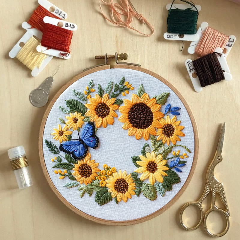 Rubbyoo Embroidery Kit - Sunflowers Wreath And Butterfly | Needlework Gifts