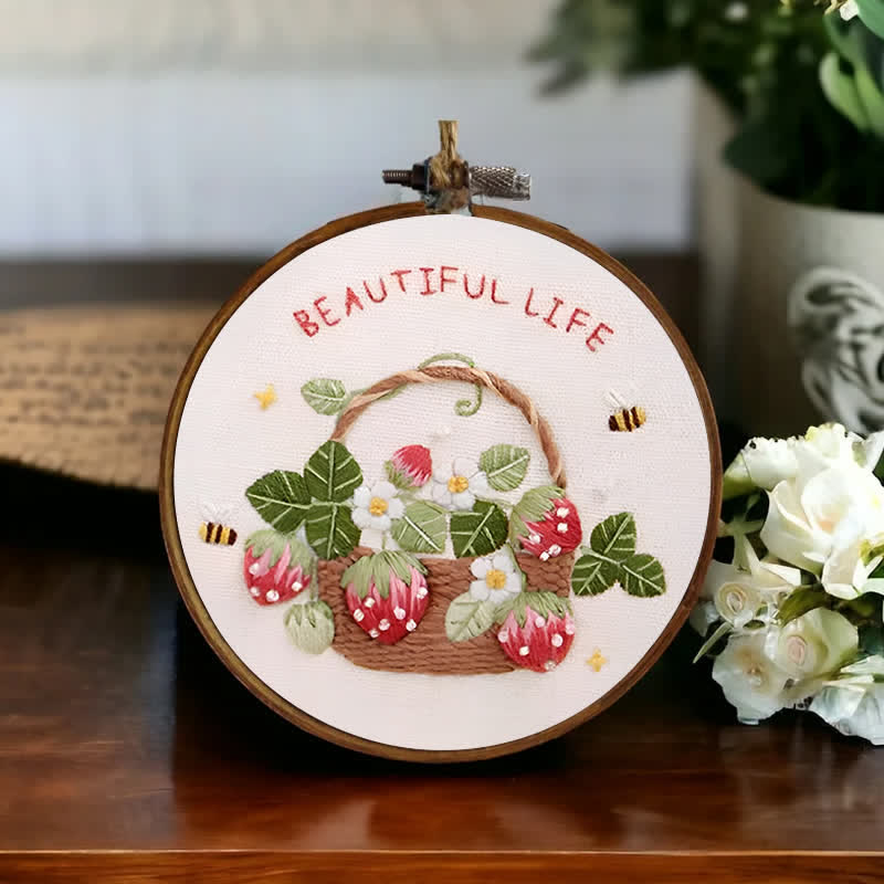 Rubbyoo Embroidery Kit - Strawberry Basket Hand Embroidery Pattern