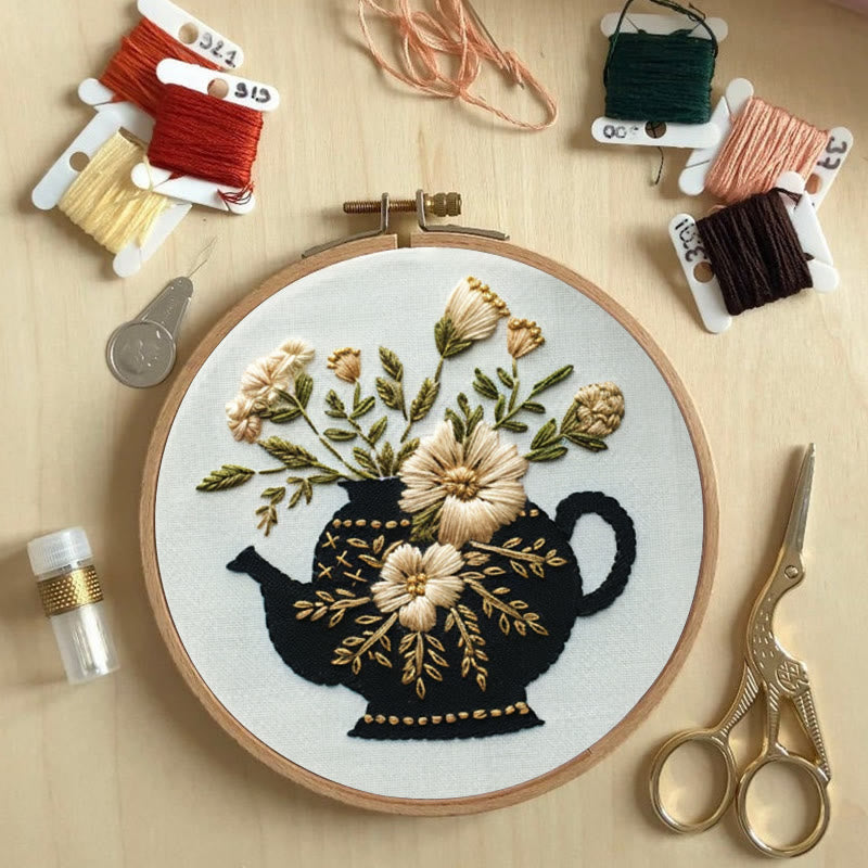 Rubbyoo Embroidery Kit - Black Teapot With Flowers | Diy Needlework Craft