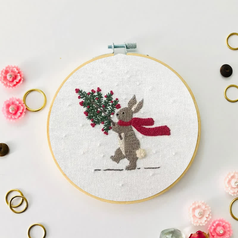 Rubbyoo Embroidery Kit - Xmas Bunny In The Woods | Beginner Friendly Embroidery