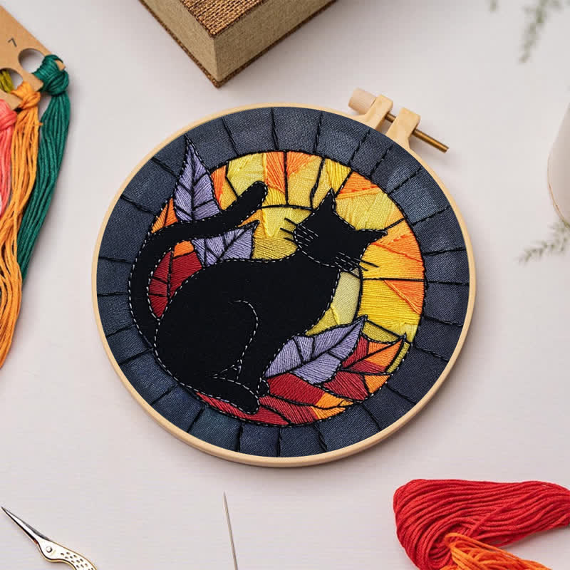 Rubbyoo Embroidery Kit - Halloween Black Cat Stained Glass