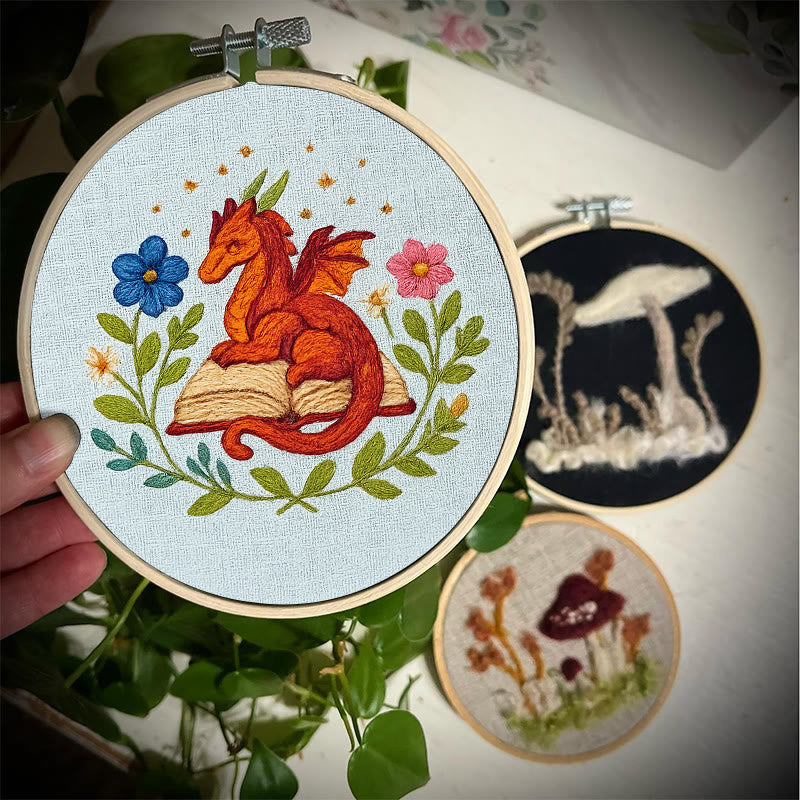 Rubbyoo Embroidery Kit - Red Dragon With Floral Books | Easy Fantasy Handicraft | Nice For Reading Lovers