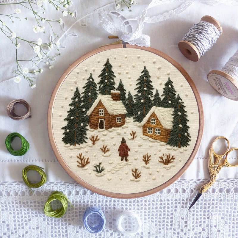 Rubbyoo Embroidery Kit - Snowy Town | Winter Landscape Craft | Christmas Handmade Decor