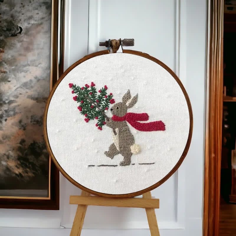 Rubbyoo Embroidery Kit - Xmas Bunny In The Woods | Beginner Friendly Embroidery
