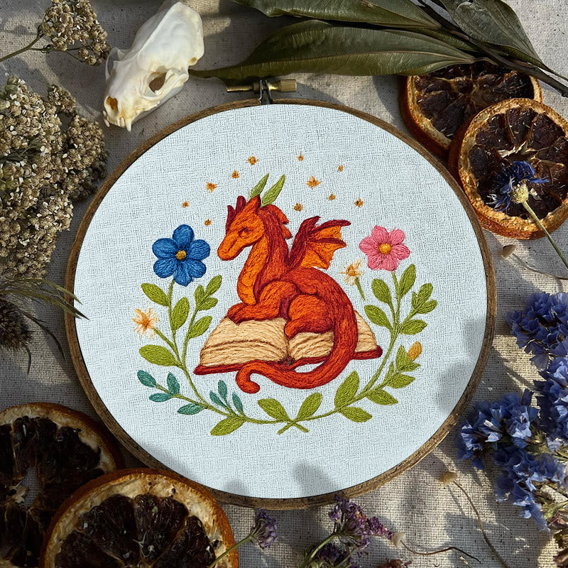 Rubbyoo Embroidery Kit - Red Dragon With Floral Books | Easy Fantasy Handicraft | Nice For Reading Lovers