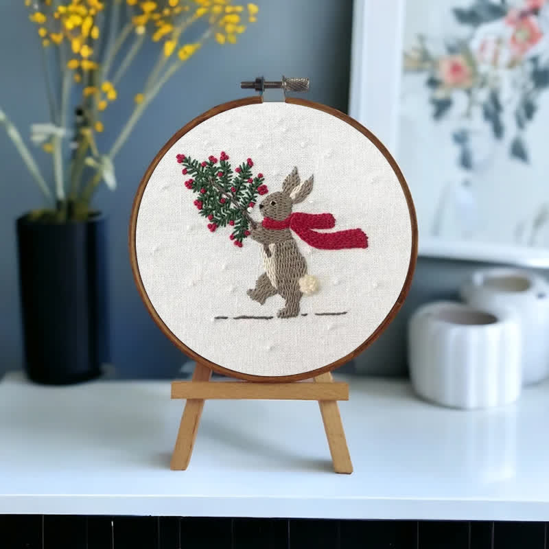 Rubbyoo Embroidery Kit - Xmas Bunny In The Woods | Beginner Friendly Embroidery