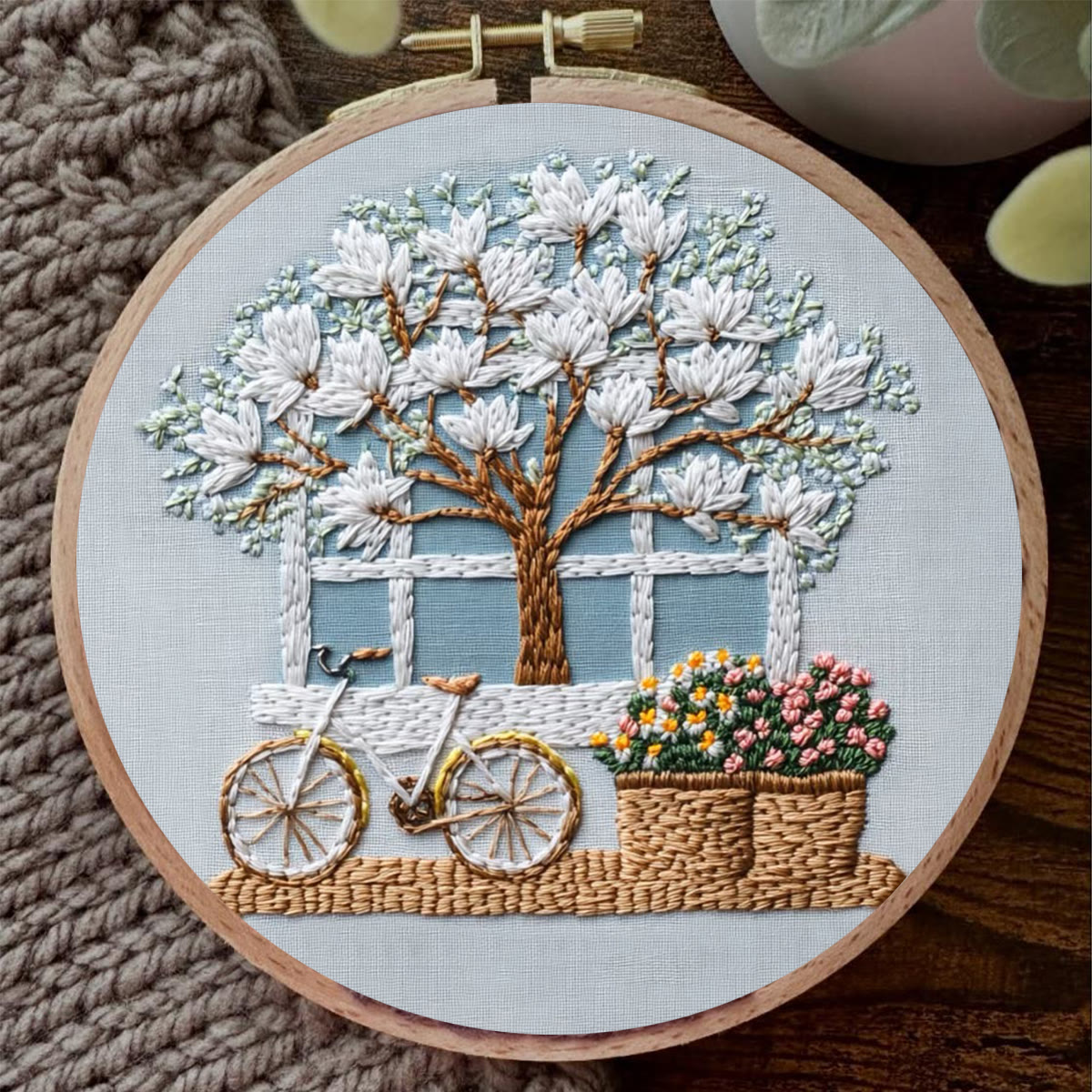 Rubbyoo Embroidery Kit - Bicycle With Beautiful Flowers | Diy Stitching Craft Kits