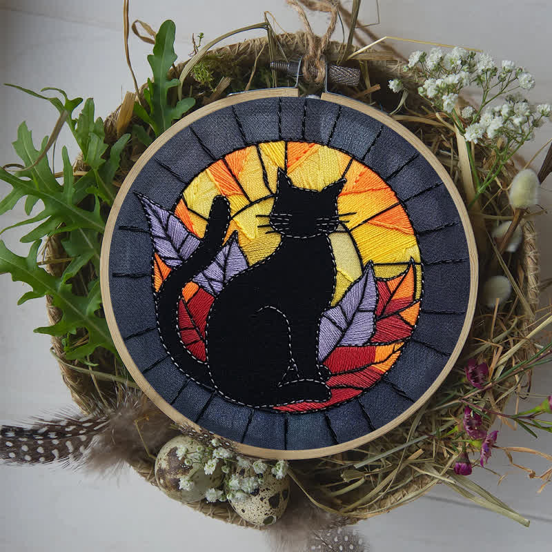 Rubbyoo Embroidery Kit - Halloween Black Cat Stained Glass