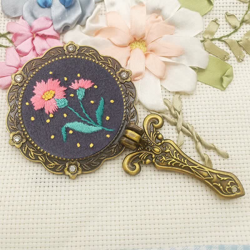 Needle kit Handheld Mirror | Floral Embroidered Compact Mirror | Great gift for your loved one