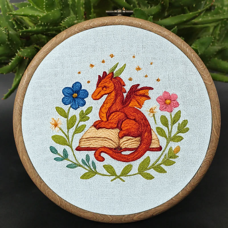 Rubbyoo Embroidery Kit - Red Dragon With Floral Books | Easy Fantasy Handicraft | Nice For Reading Lovers