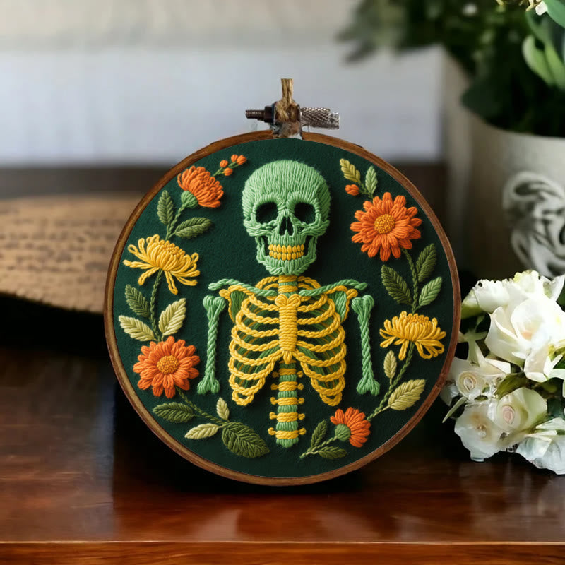 Rubbyoo Embroidery Kit - Skeleton With Flowers | Beginners Handmade Crafts