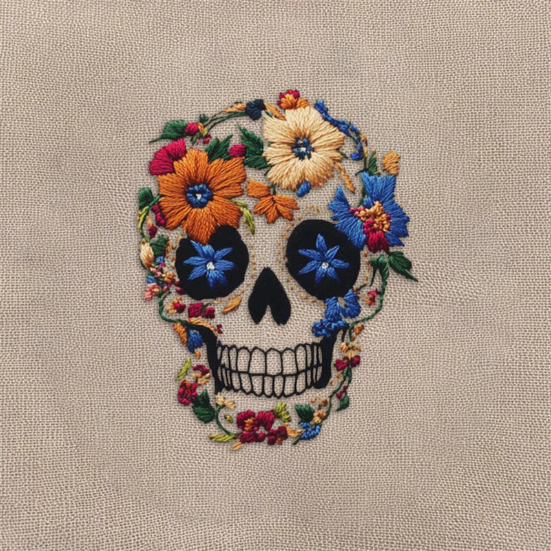 Rubbyoo Embroidery Kit -  Skull With Violet Flowers | Holiday Diy Craft Kit
