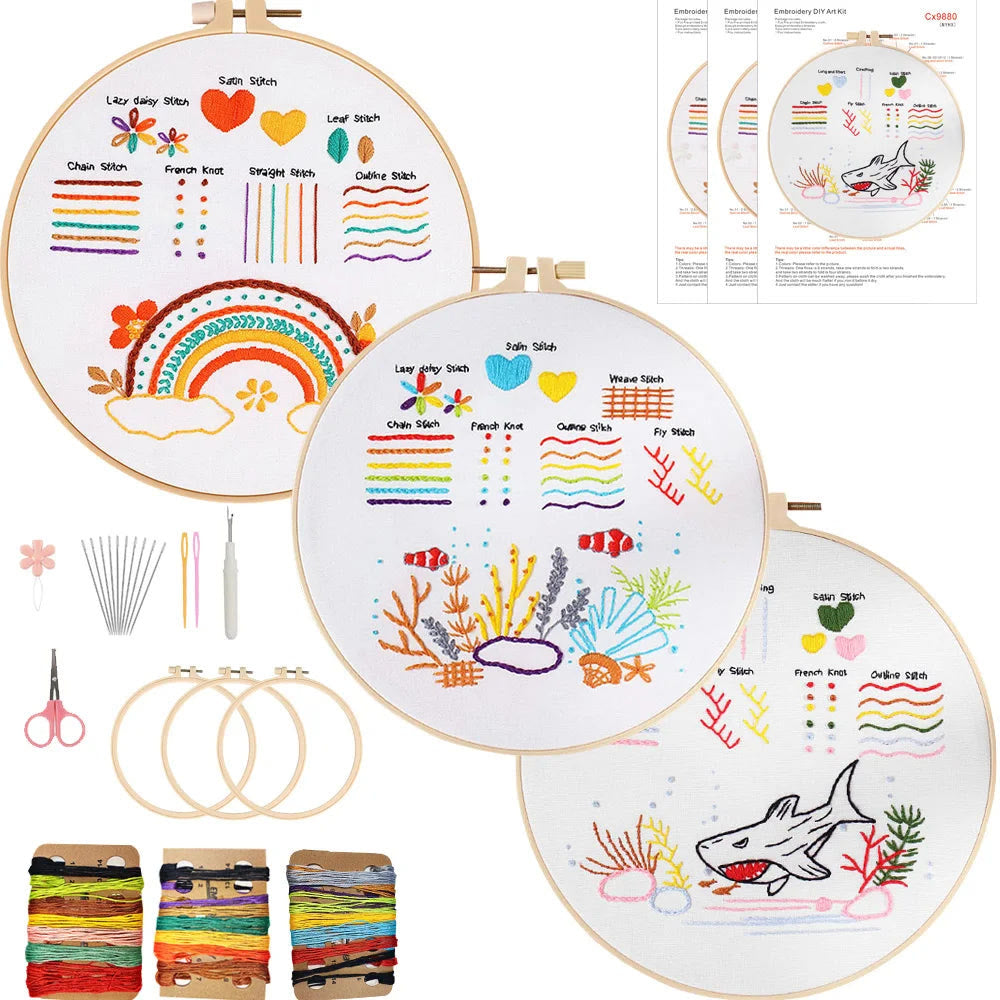 Rubbyoo 3-piece Embroidery Starter Kit - Adorable Animal Pattern | Beginner Stitch Craft | Gifts For Needlework Starter