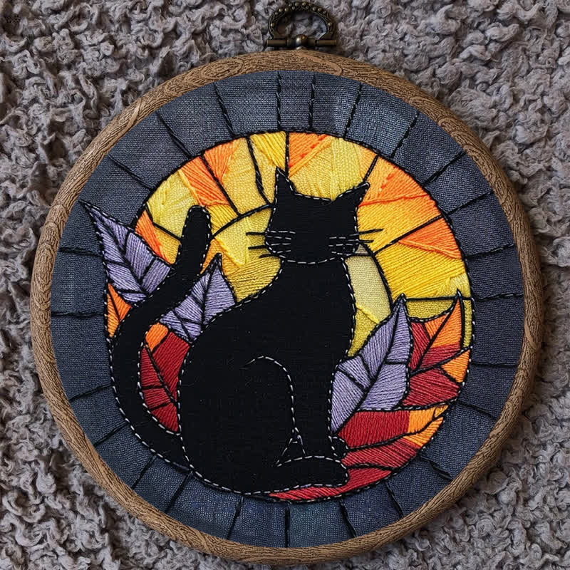 Rubbyoo Embroidery Kit - Halloween Black Cat Stained Glass