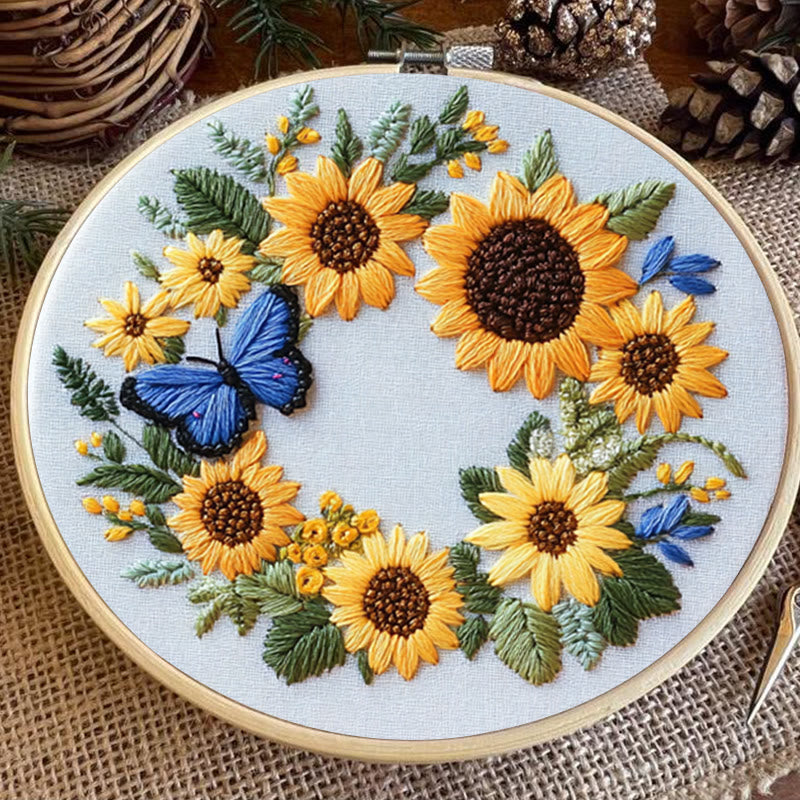 Rubbyoo Embroidery Kit - Sunflowers Wreath And Butterfly | Needlework Gifts