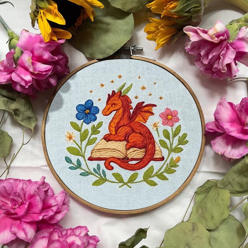 Rubbyoo Embroidery Kit - Red Dragon With Floral Books | Easy Fantasy Handicraft | Nice For Reading Lovers