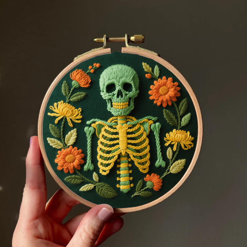 Rubbyoo Embroidery Kit - Skeleton With Flowers | Beginners Handmade Crafts