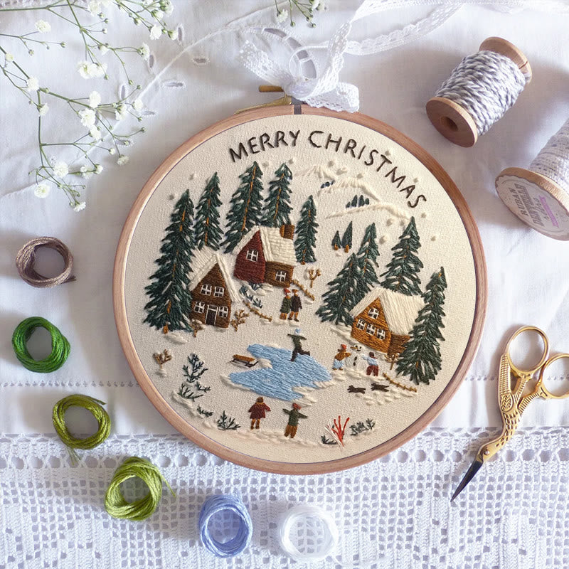 Rubbyoo Embroidery Kit - Snowy Village Scene | Handmade Crafts For Friends | Diy Christmas Needlepoint