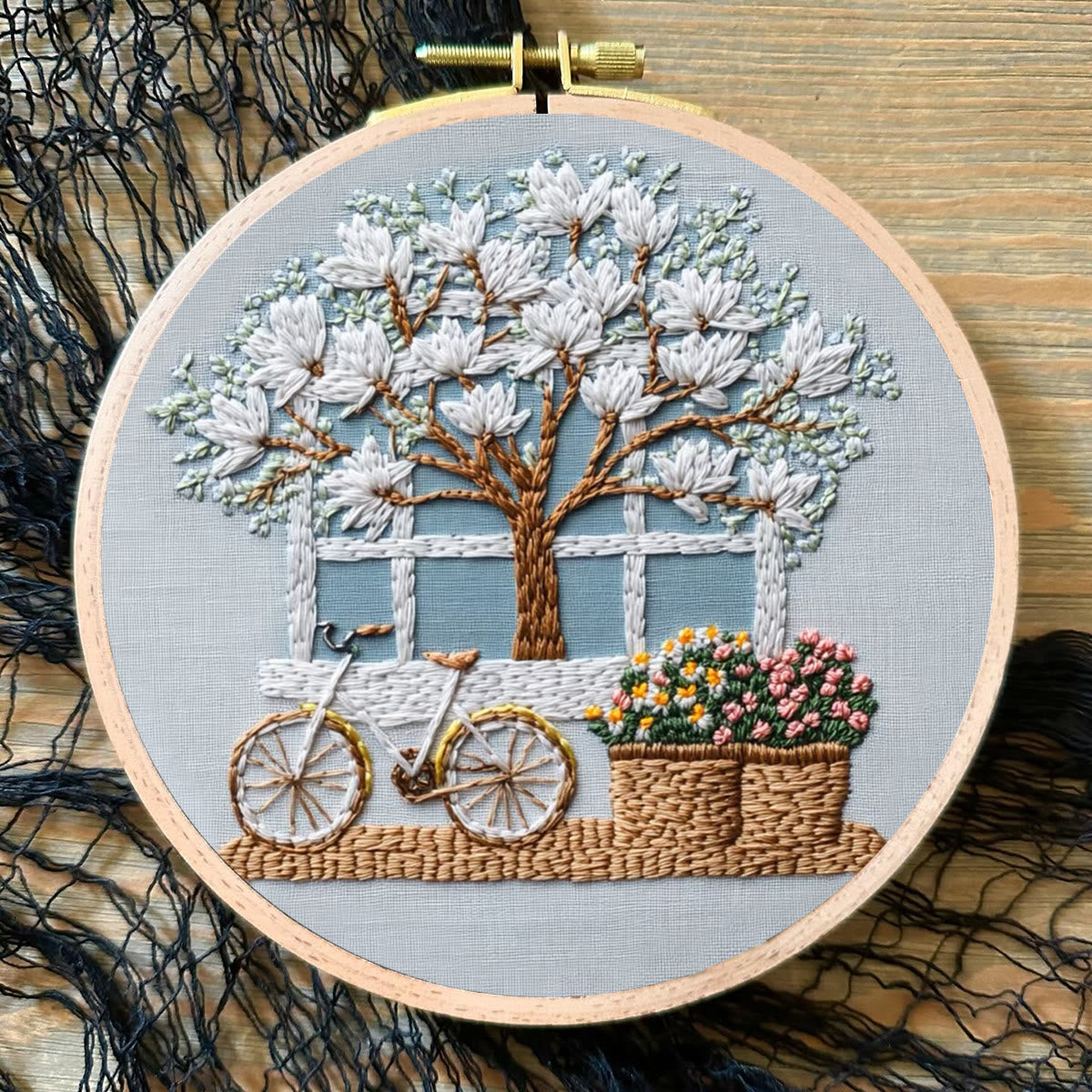 Rubbyoo Embroidery Kit - Bicycle With Beautiful Flowers | Diy Stitching Craft Kits