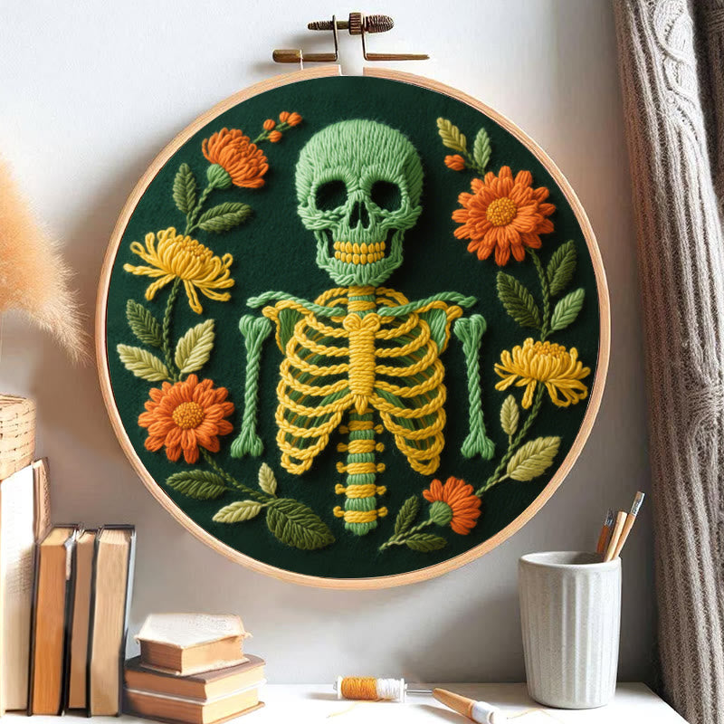 Rubbyoo Embroidery Kit - Skeleton With Flowers | Beginners Handmade Crafts