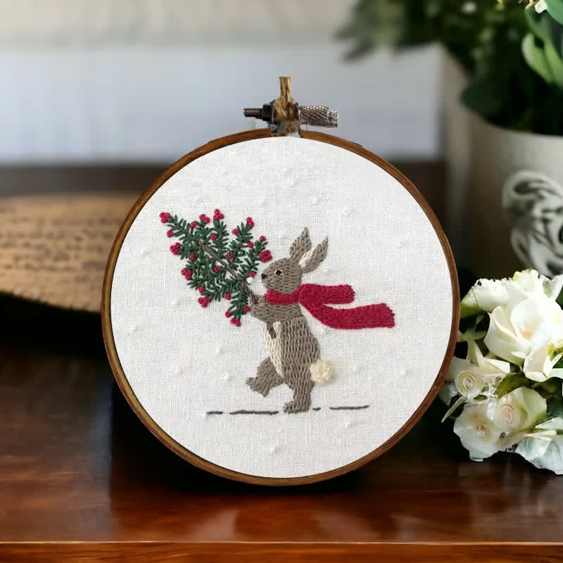 Rubbyoo Embroidery Kit - Xmas Bunny In The Woods | Beginner Friendly Embroidery